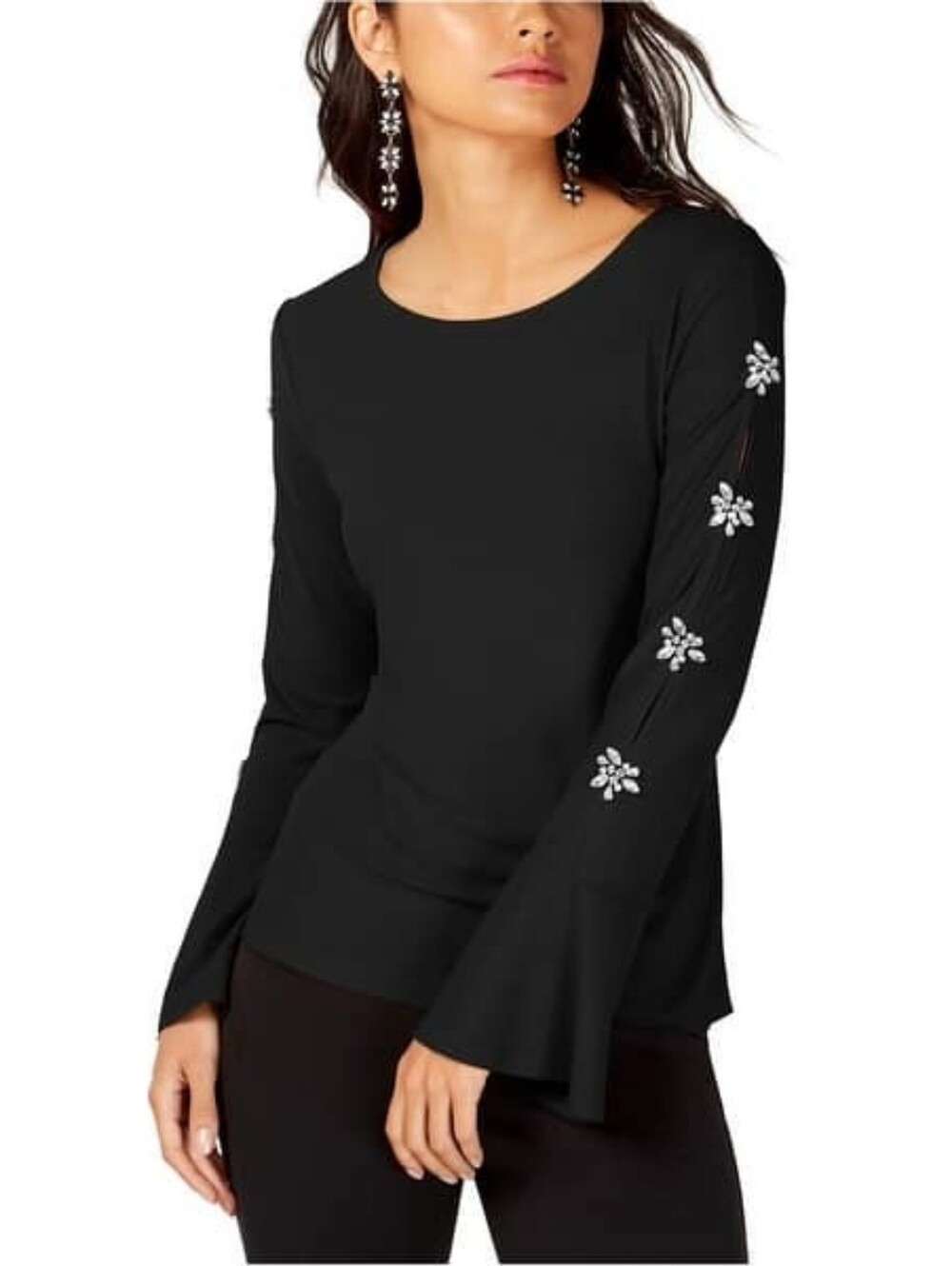 INC International Concepts Black Long-Sleeve Top with Embellished Sleeves